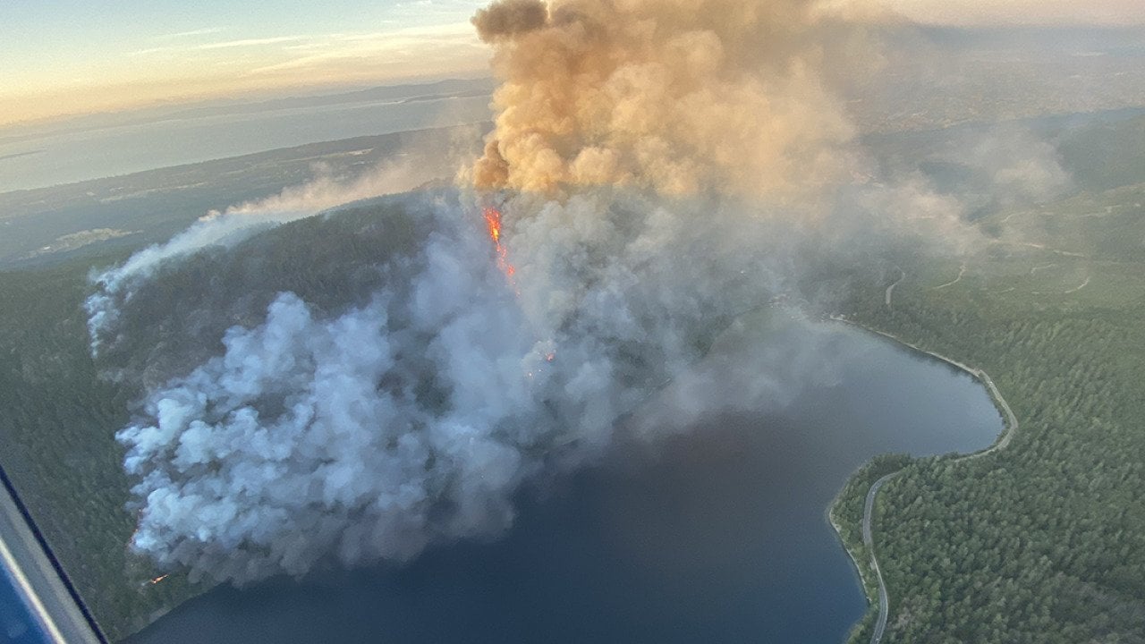 An aerial view of the Wesley Ridge wildfire on Vancouver Island in British Columbia, Canada on August 1, 2025.