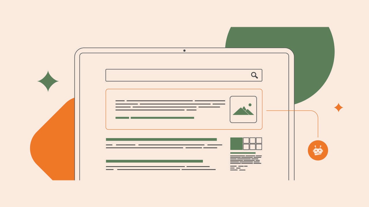 Vector illustration of a webpage and concept of SEO and AI.