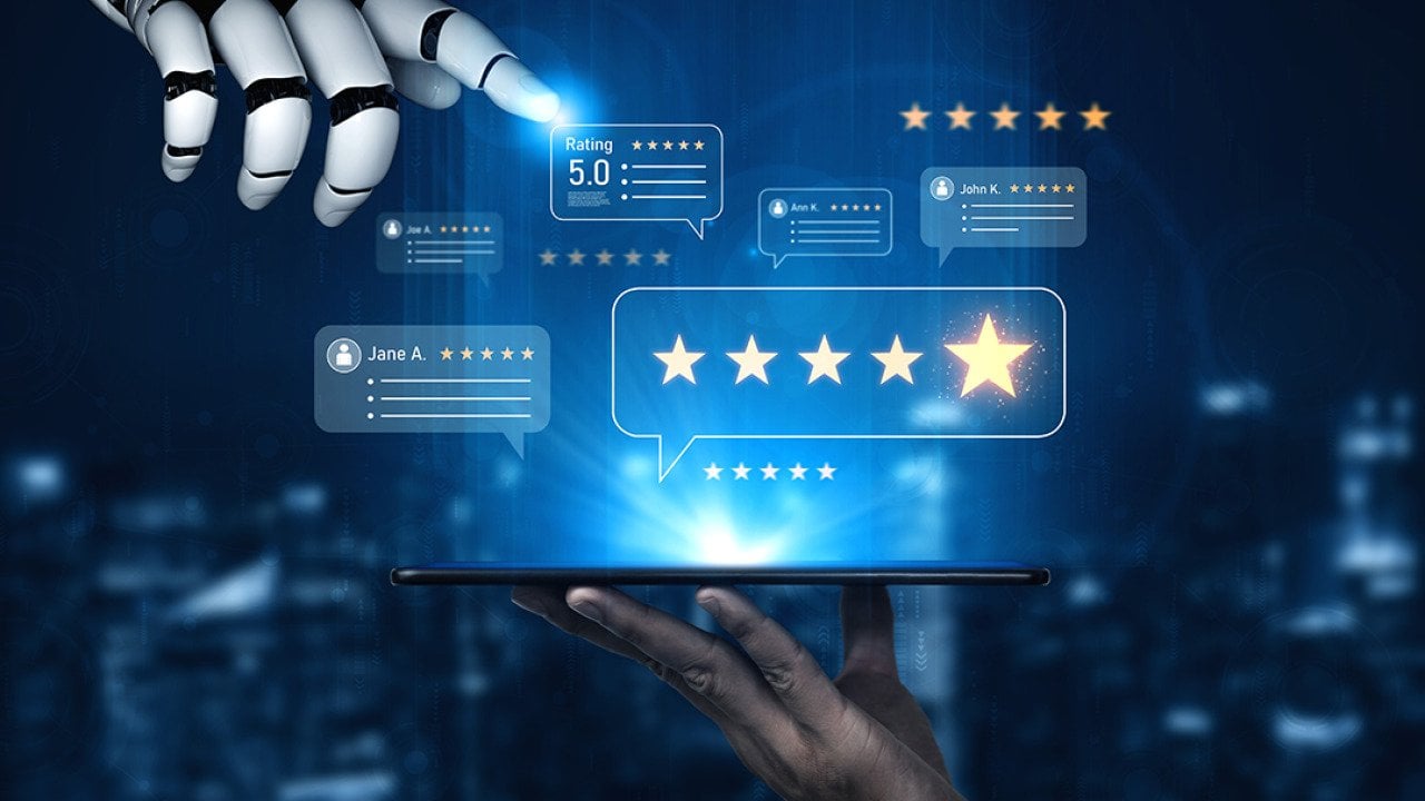 Customer review and rating system illustrated with AI concepts.