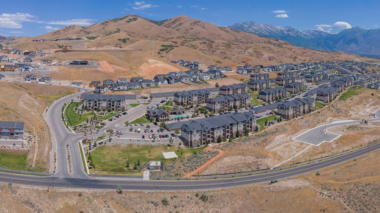Aerial view of homes by the mountains in Lehi, Utah.