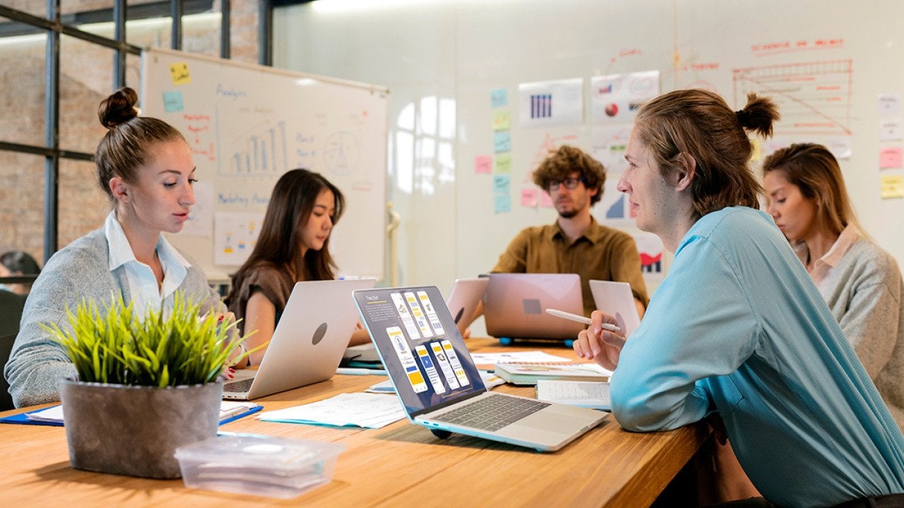 A creative team brainstorming during a meeting.