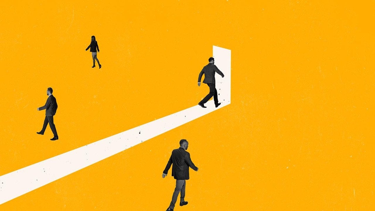 Concept of truth telling illustrated by leader in business suit walking toward the light in a doorway while other people are wandering lost.