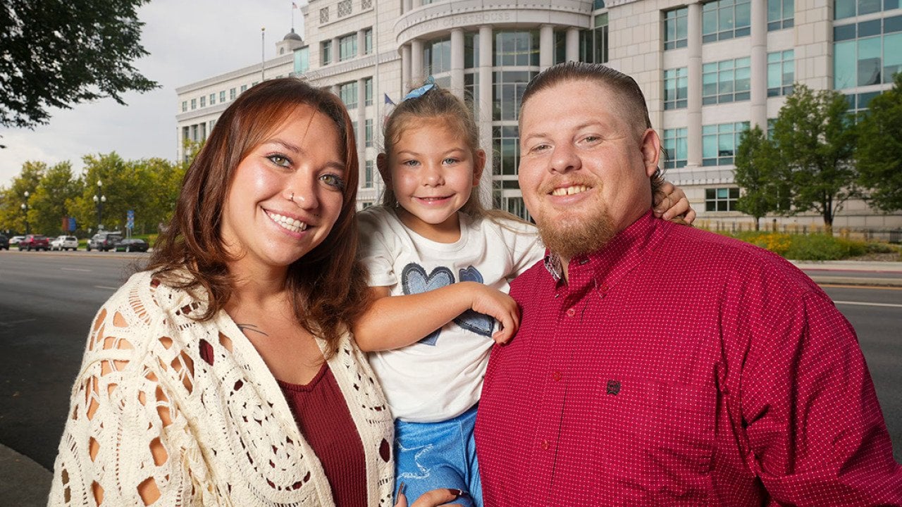 From left, Anyssa Zancanella, Azaylee Zancanella-McMicheal, and Danniel McMicheal stand in front of the Matheson Courthouse in Salt Lake City on Wednesday, Aug. 27, 2025. 