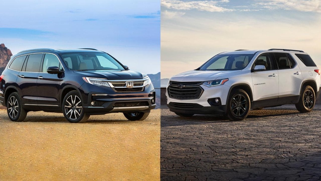 Composite image of a dark Honda Pilot and white Chevrolet Traverse facing each other parked on dirt.