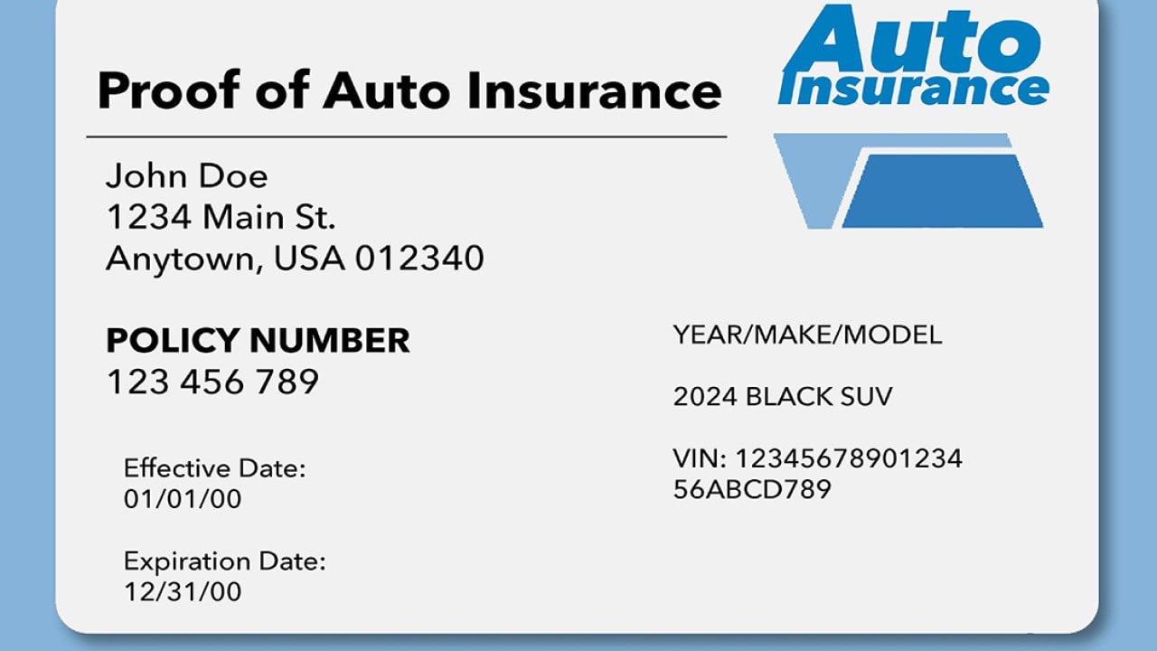 A mock illustration of an automobile insurance card.