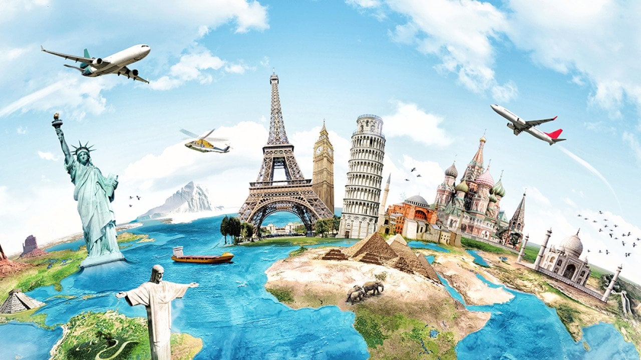 Illustration of the globe with the top tourist spots as a concept of traveling around the world.