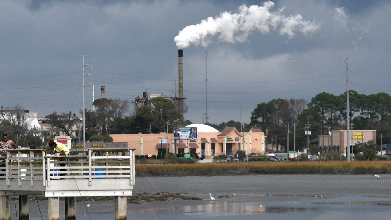 View of a smokestack coming from the Pinova plastic resin manufacturing facility in Brunswick, Georgia.