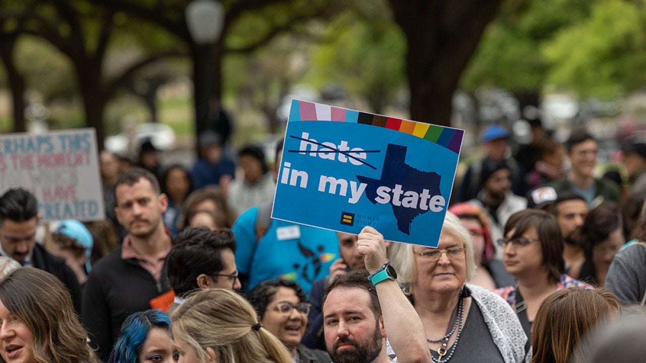 Supporters for trans rights rally at the Texas Capitol on March 20, 2023.