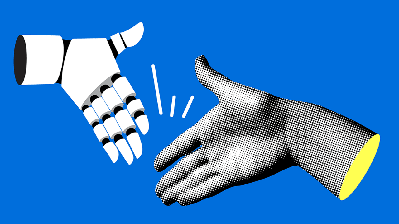Collage on blue background of handshake between human and robot hands.