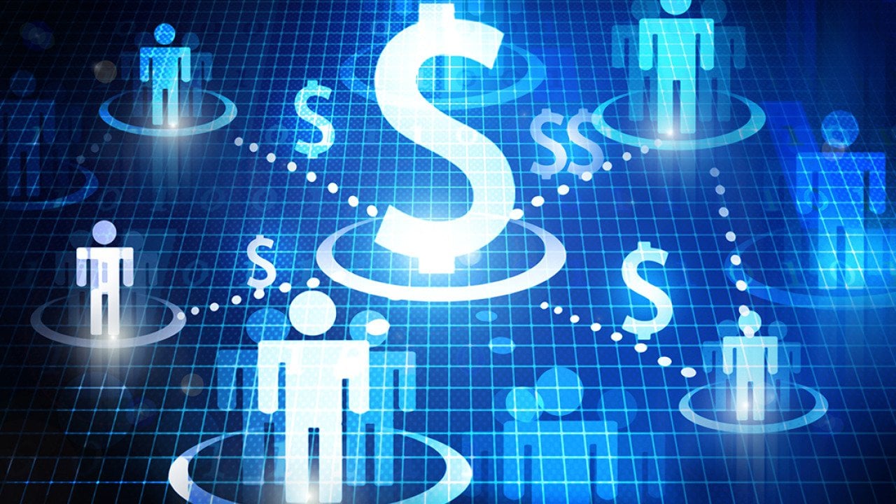 Conceptual illustration showing a dollar sign surrounded with figures of humans connected to each other; concept of crowdfunding.
