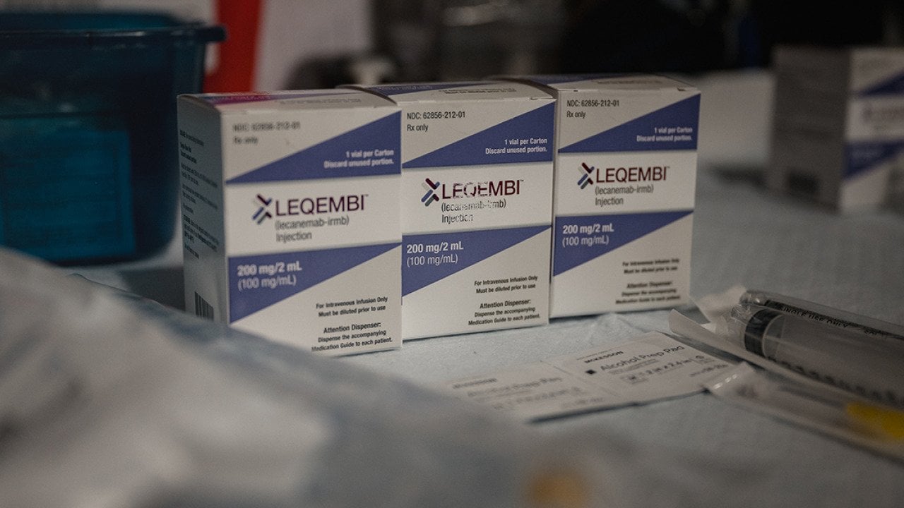 Three boxes of Leqembi, a newly FDA-approved Alzheimer's treatment drug.