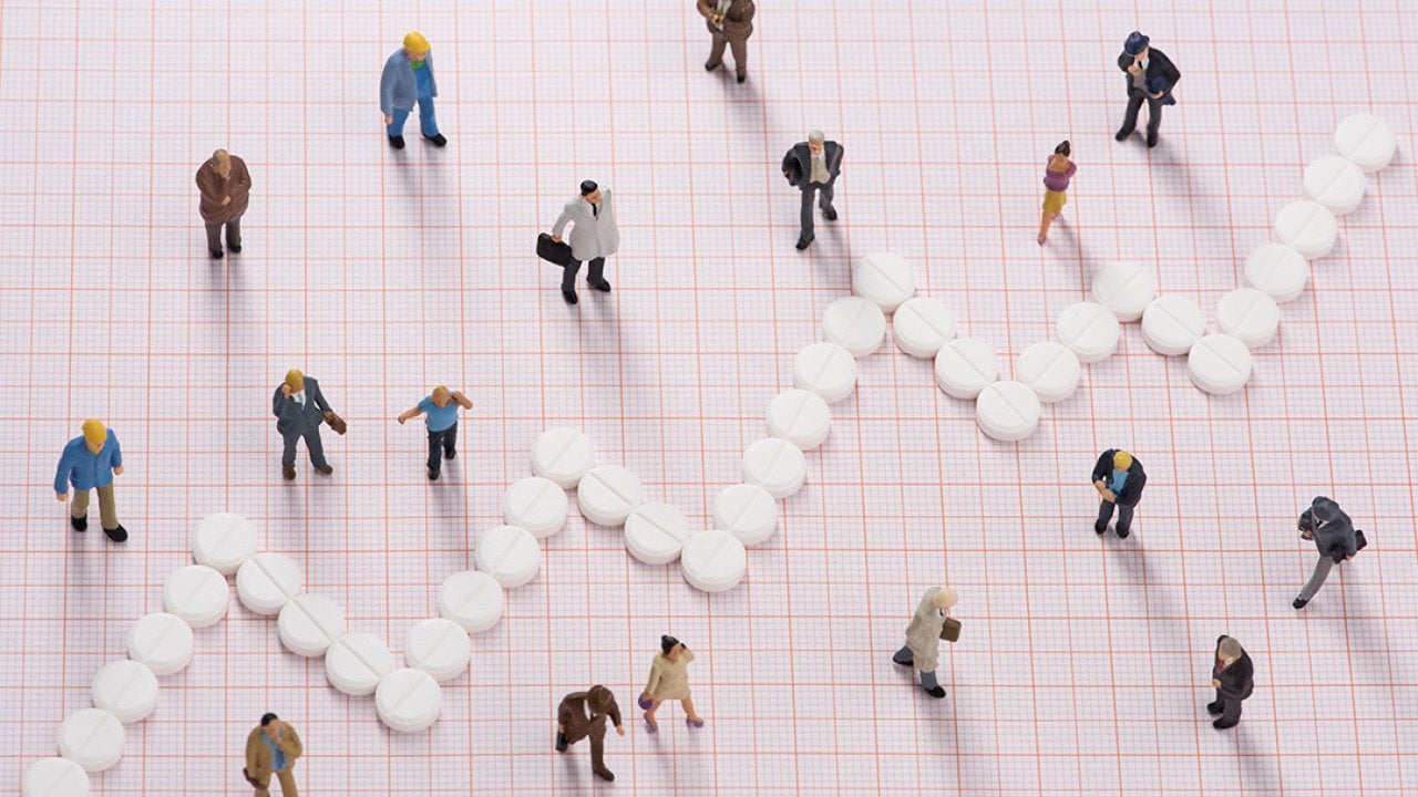 White pills forming a jagged line, dividing small figures of different people to represent different healthcare costs among groups.
