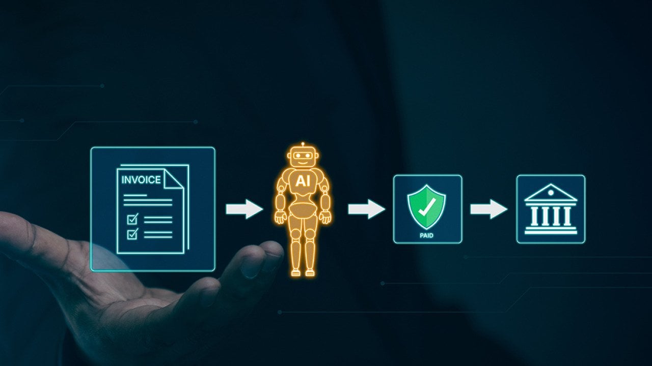 A set of graphics showing an automated invoice software process using AI.