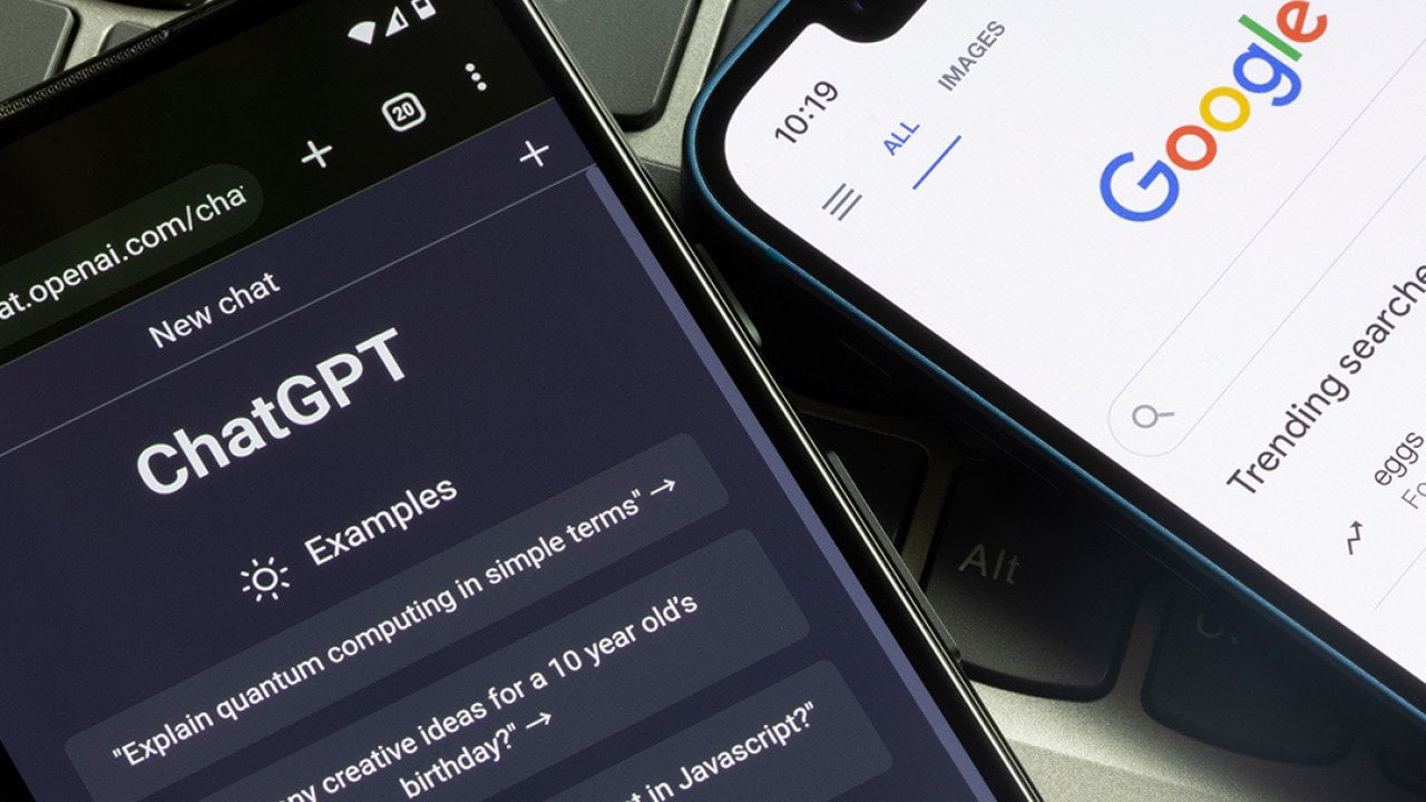 Phones side-by-side with open tabs showing ChatGPT and Google.