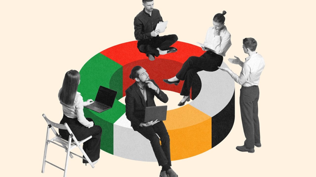 Collage of a group of employees sitting on a roundtable that looks like a pie chart.