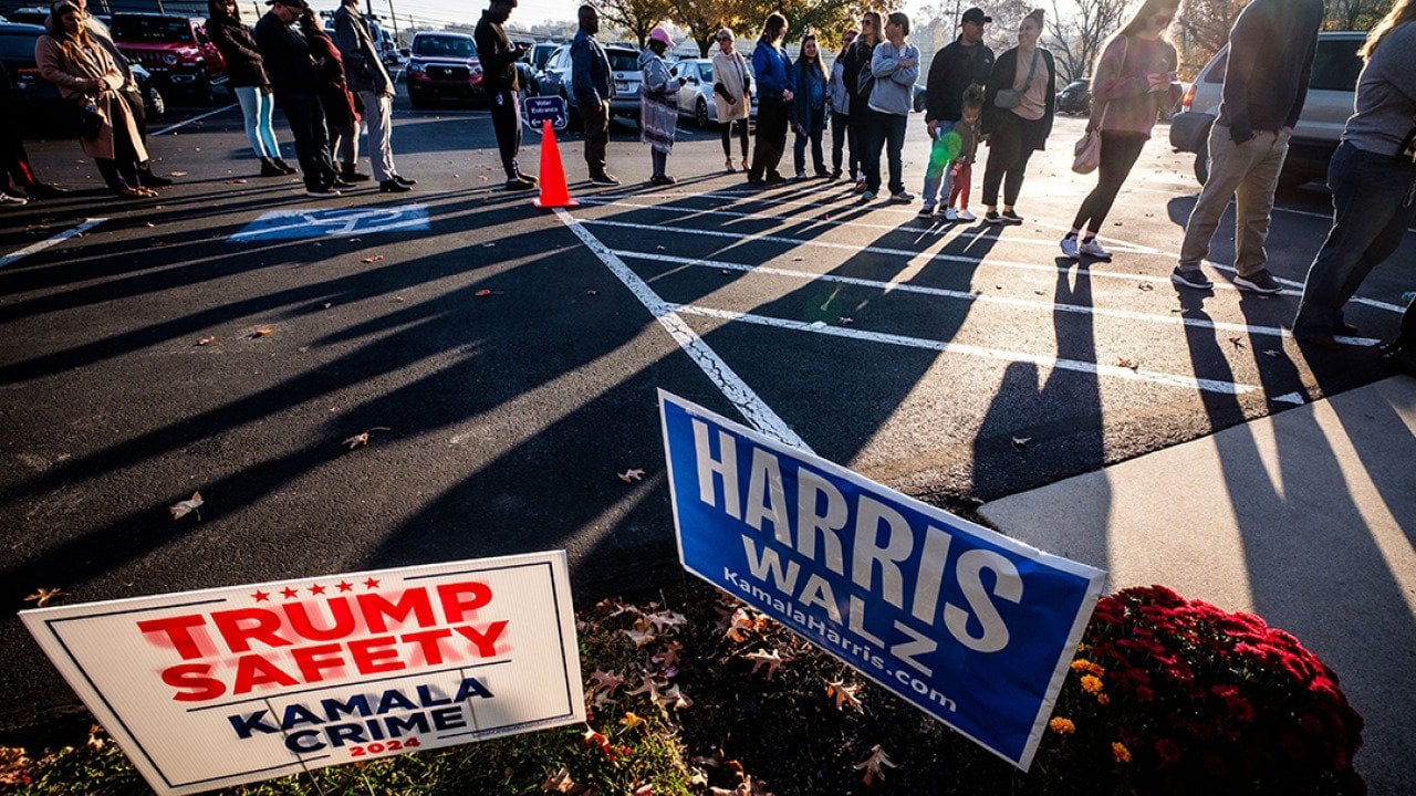 A long line of voters waits to vote during the 2024 U.S. Election at the Harrisburg First Assembly of God polling place in Harrisburg, Pennsylvania.