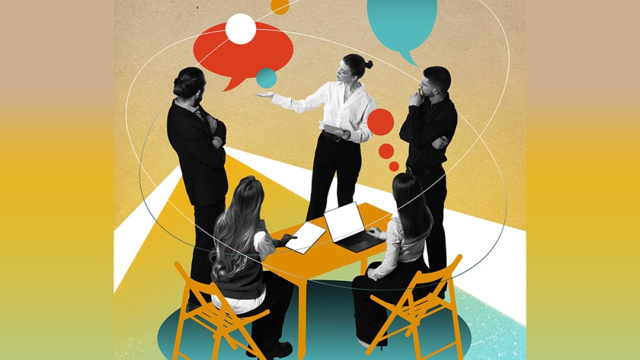 A collage-style illustration of a team meeting, working together on a new project.