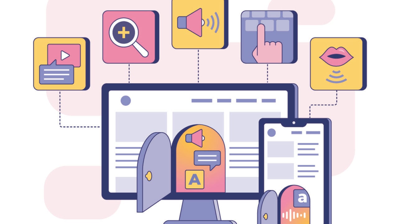 Vector illustration depicting digital accessibility with monitors showing various accessibility services or functions from a computer.