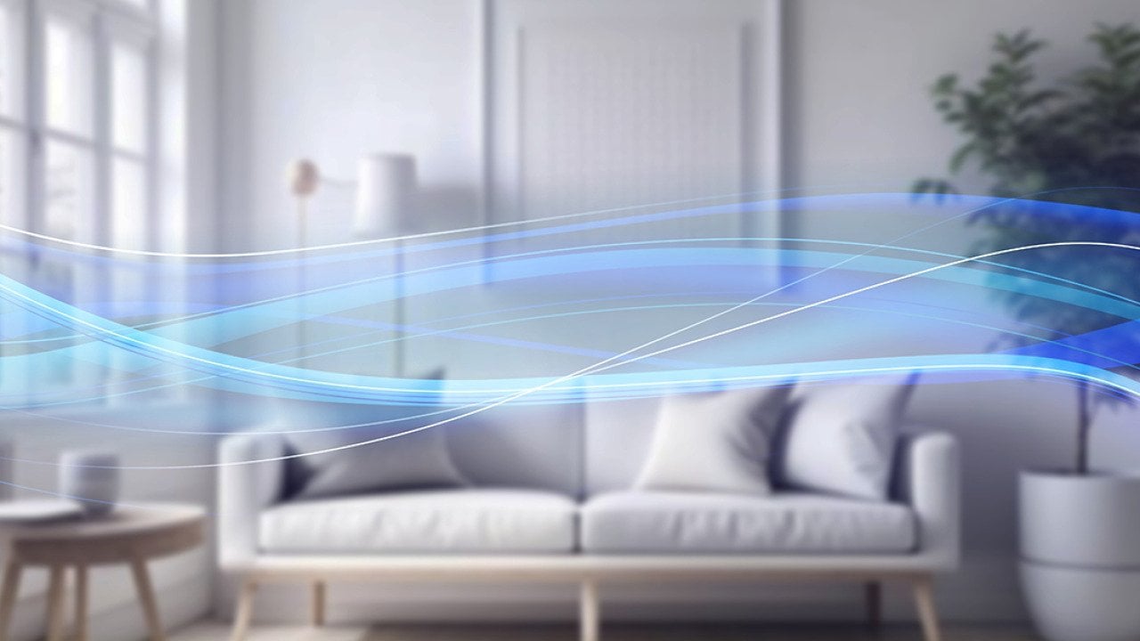 Holographic waves of fresh air in a modern apartment room.