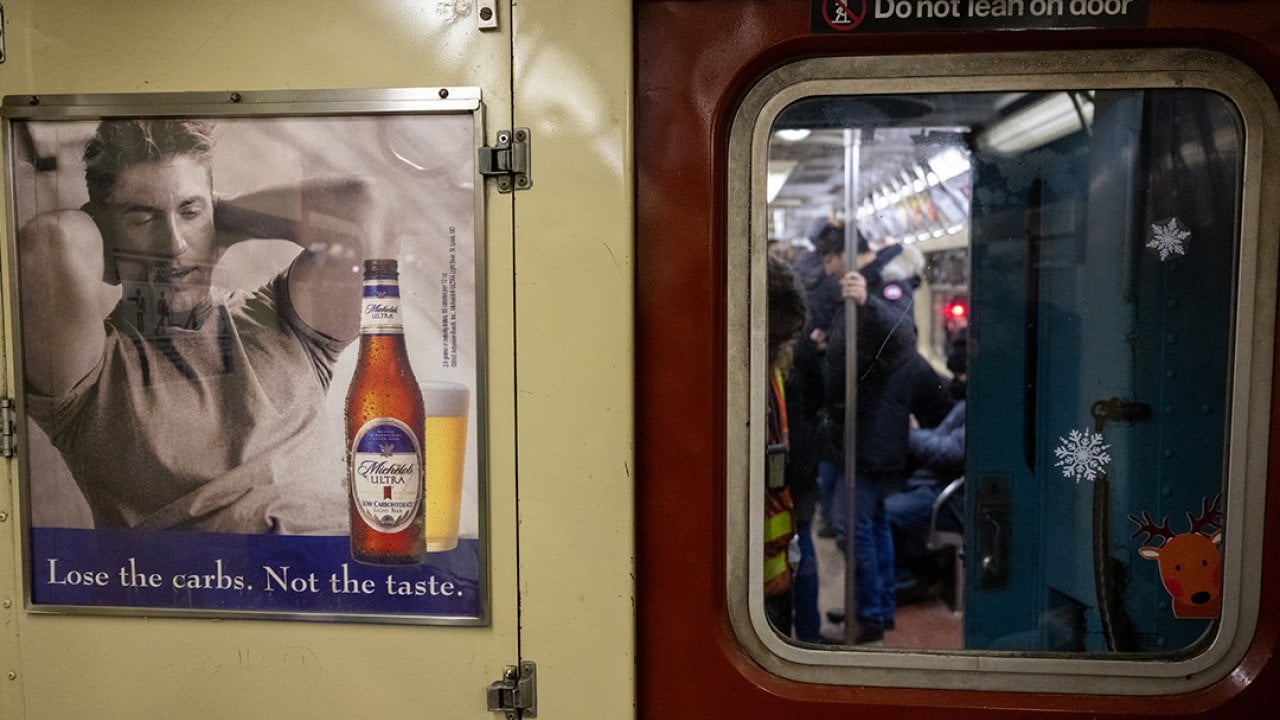 An beer brand ad displayed in a Holiday Nostalgia train in New York City.