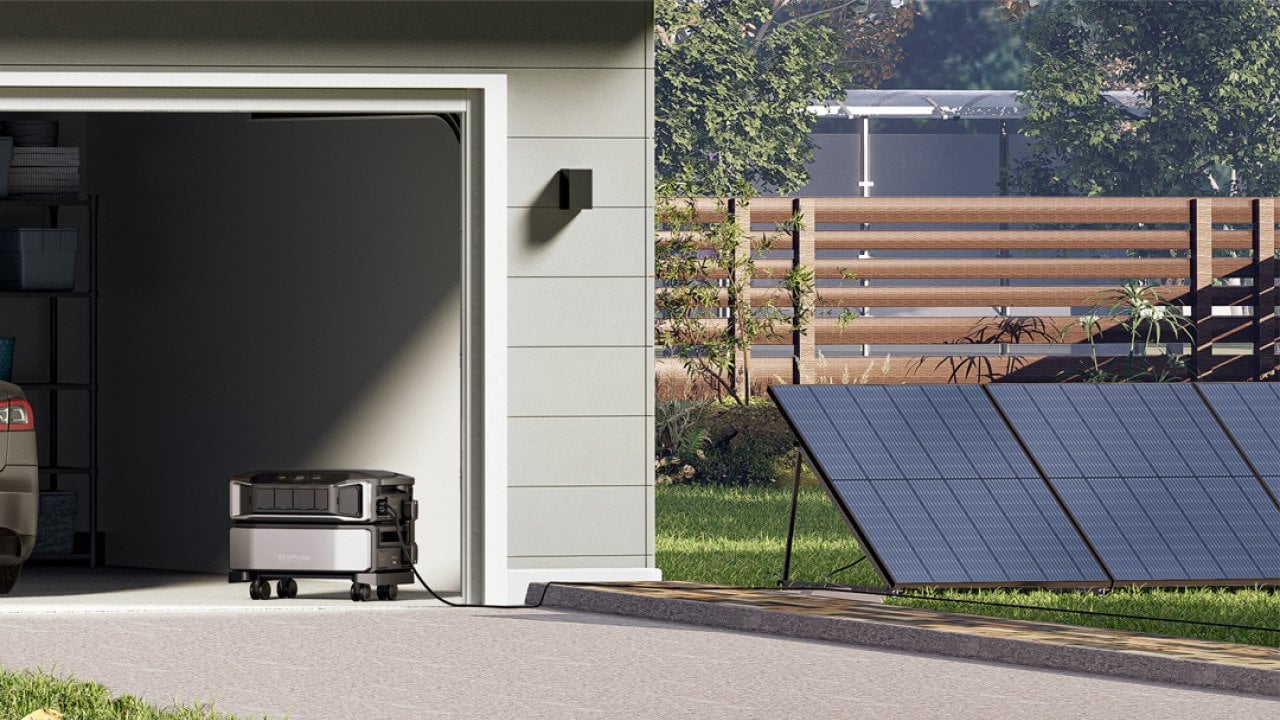 A modern home with a solar power home battery system.