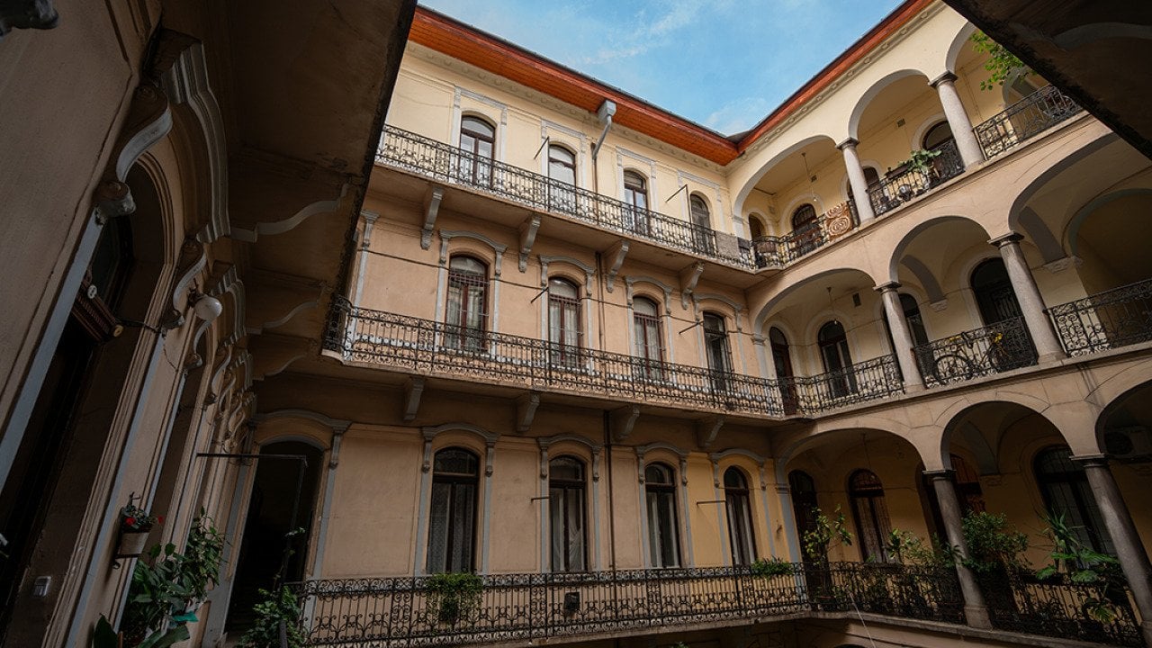 View of the balconies of a residential building in Budapest, Hungary.