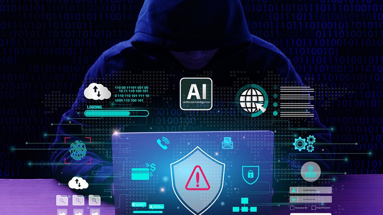 Anonymous person in a hoodie using a laptop illustrated with cyber security and AI technology warning graphics.
