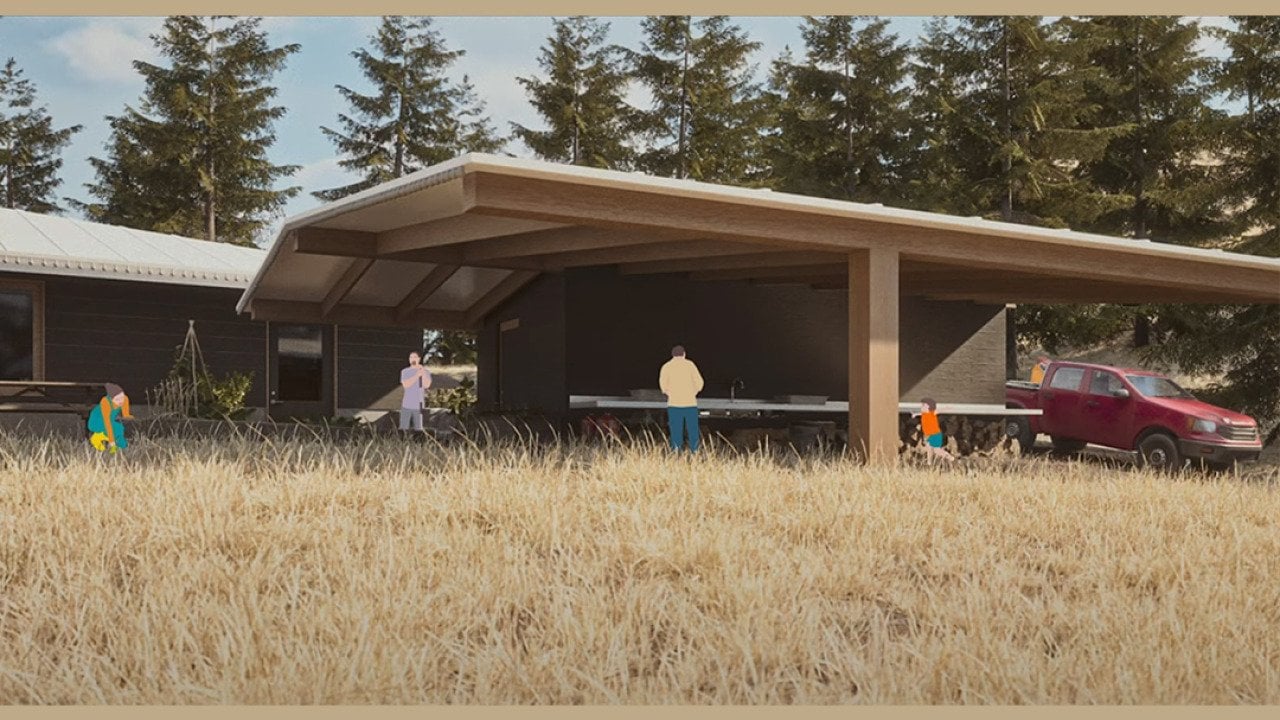 A rendering of a shed as part of Yunesit'in wildfire-resilient house.