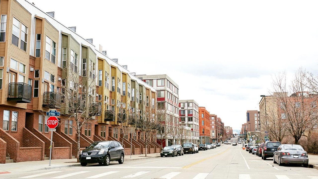 Quiet streets in the RiNo District surrounded by modern apartments and condominiums in the River North Arts District, Denver, Colorado