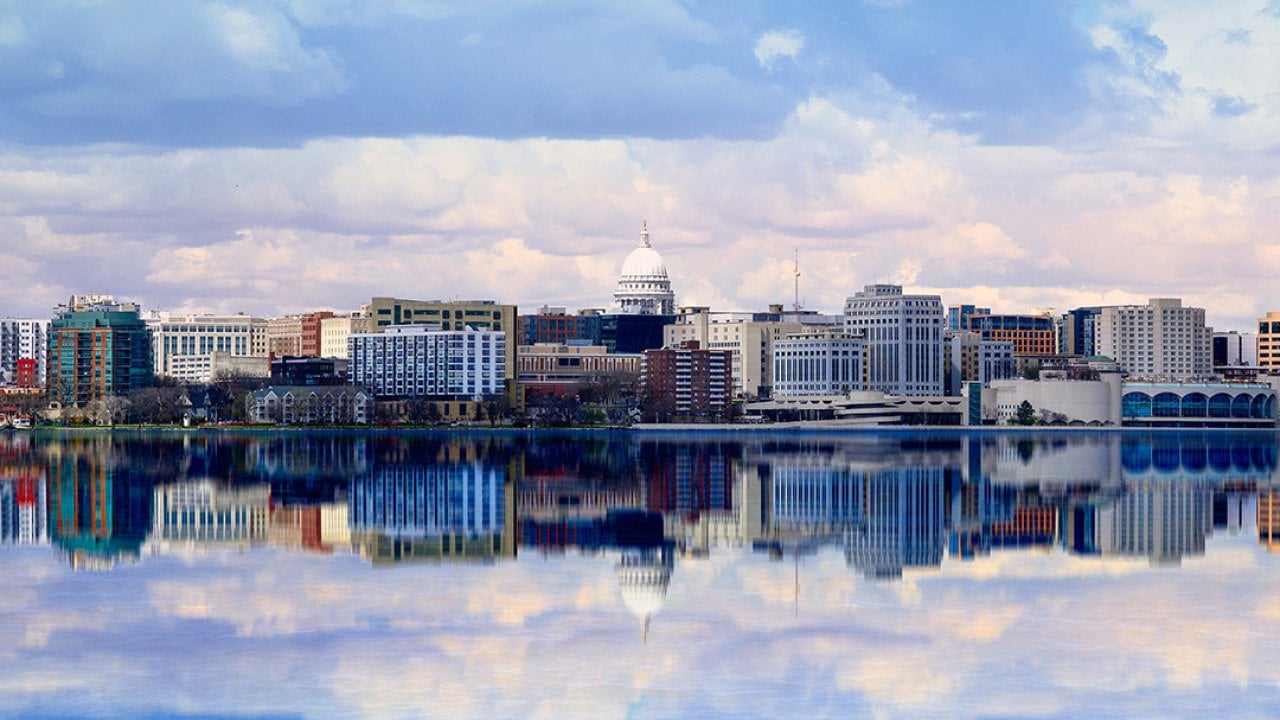 City skyline view from Lake Monona in Madison, Wisconsin.
