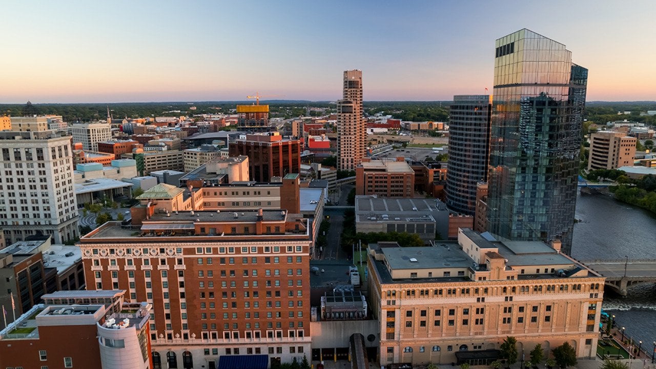 Aerial view of downtown Grand Rapids during sunset.