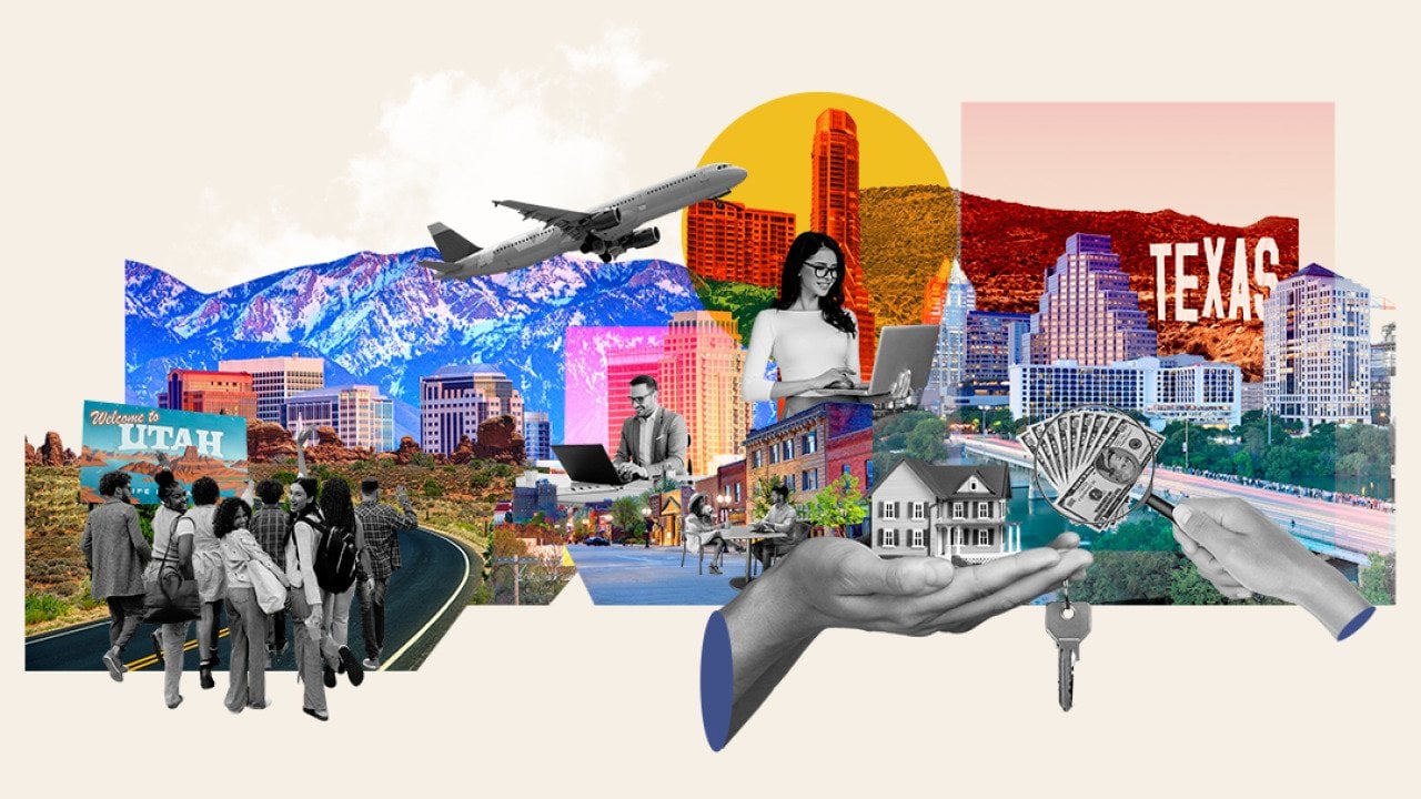 Collage graphic featuring famous landmarks of some of the top US cities and depict a youthful lifestyle and population.