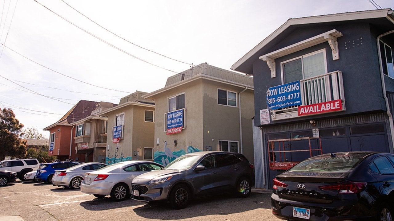 A row of units for leasing in a residential street in the student town of Isla Vista in California.
