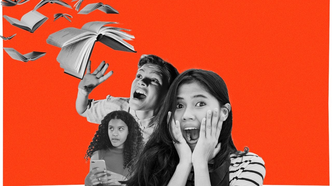 Collage of curious and surprised children and books in black and white over a red background.