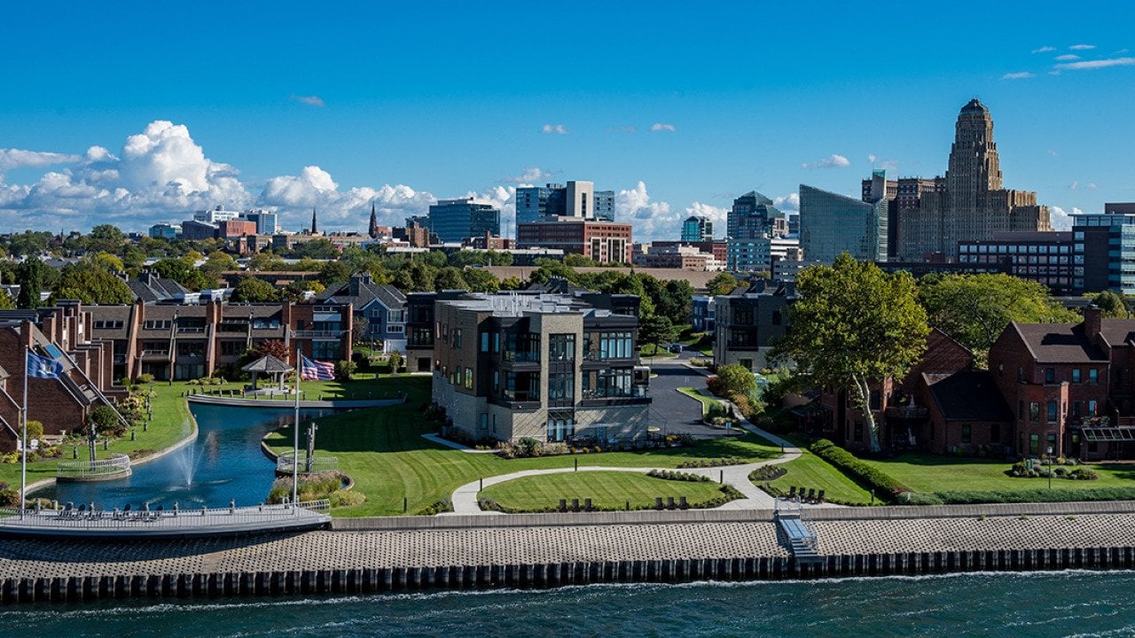A view of Buffalo City skyline in New York during summertime. 