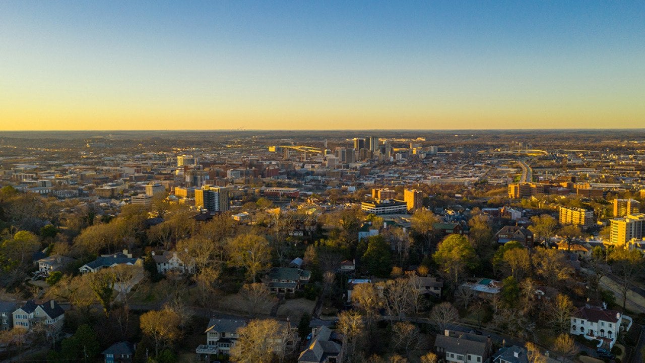 Aerial view of downtown Birmingham in Alabama during sunset.