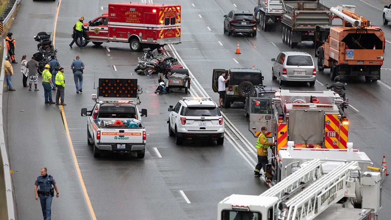 A motorcycle accident on Interstate 405 in Kirkland, Washington.