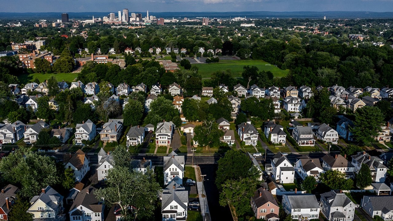 Aerial view of West Hartford, Connecticut during summer.