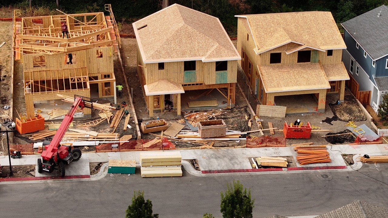 Aerial view of homes under construction in Hercules, California.