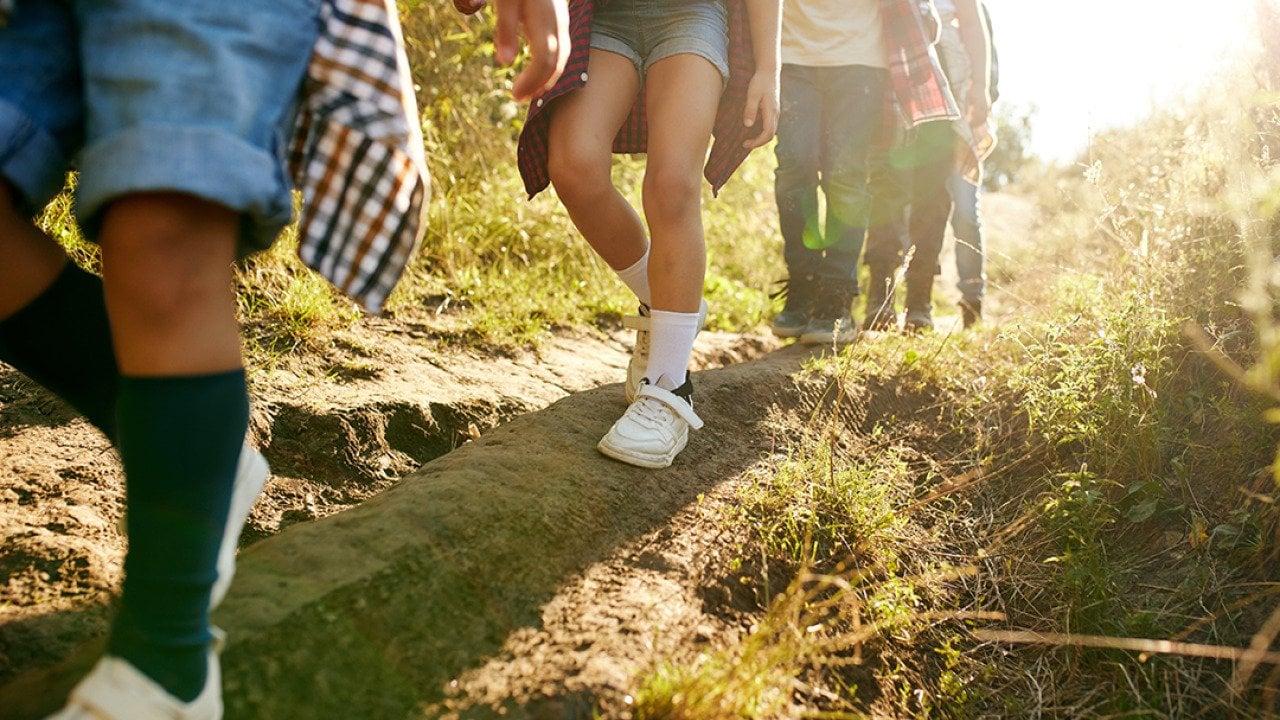 Close up of young campers' legs as they hike downhill in a forest path.