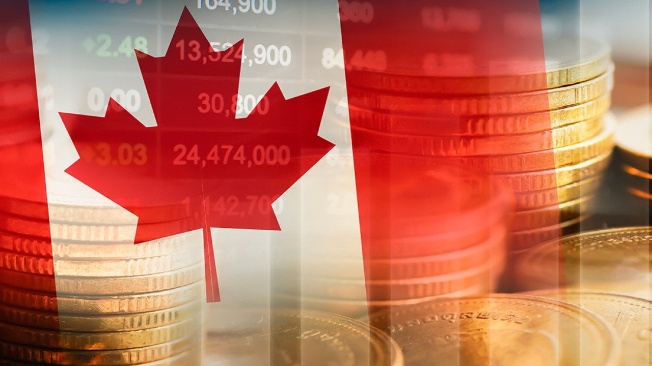 Canadian flag with an overlay of stock market graphics.