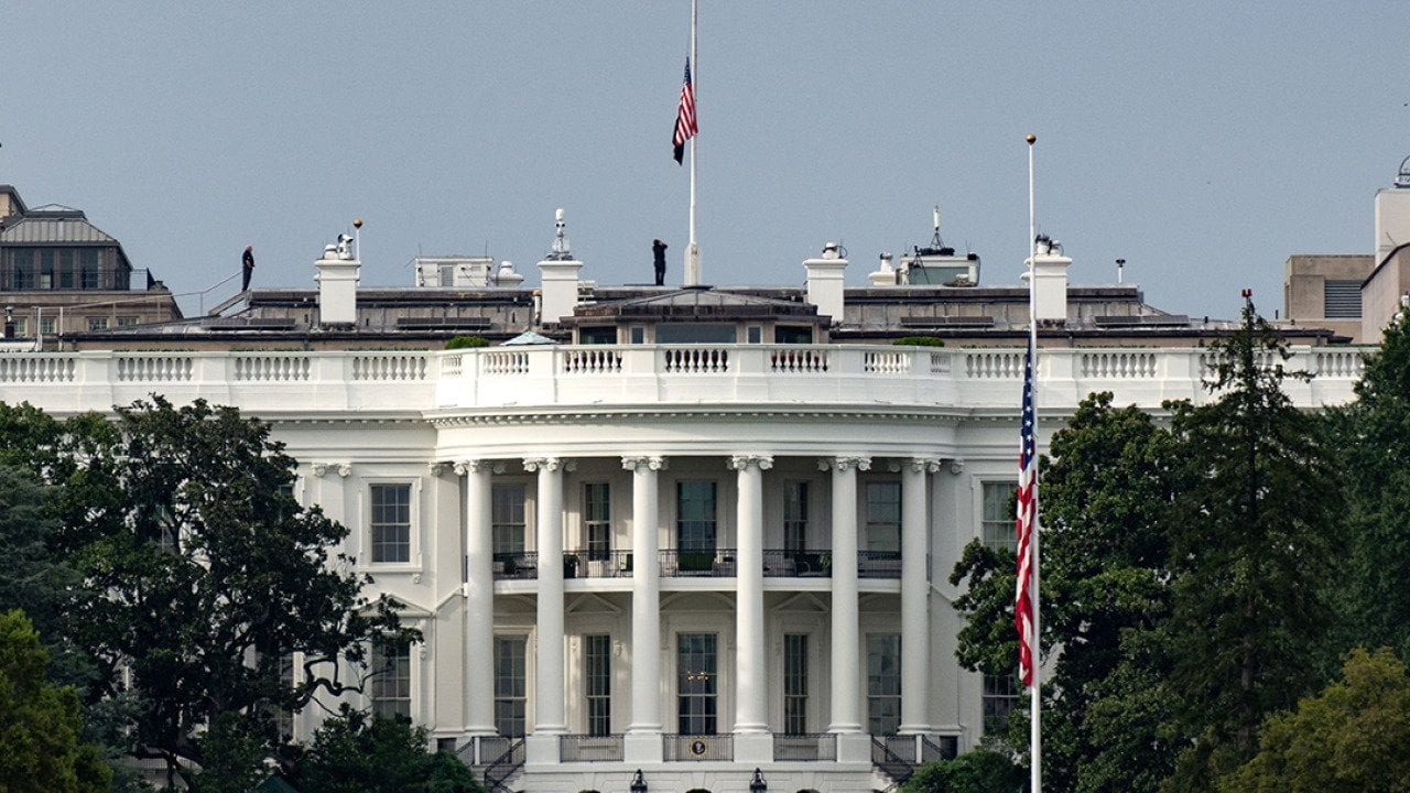 The US flag atop the White House lowered to half-staff after political activist Charlie Kirk had died on September 10, 2025 in Washington, DC.