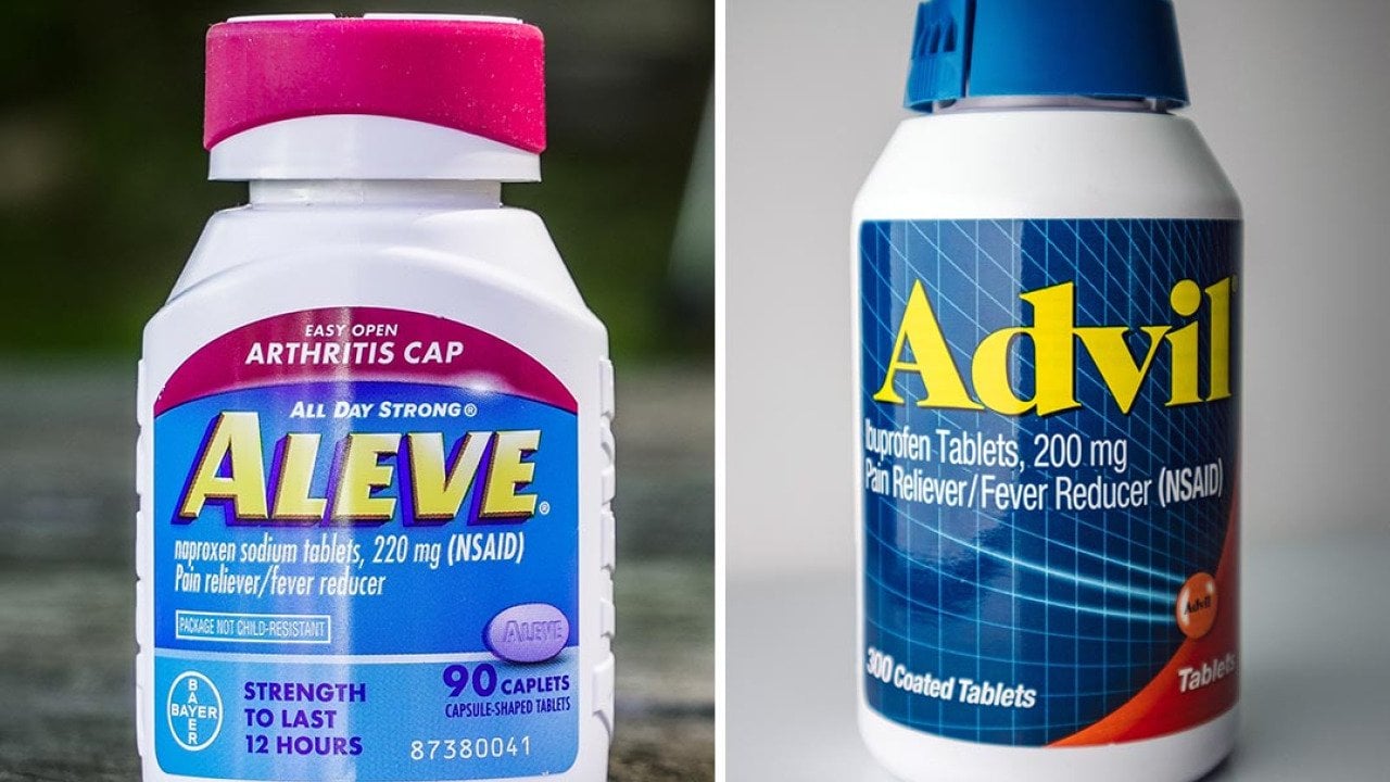 Composite image of a bottle of Aleve with a pink cap on an outdoor table and a bottle of Advil with a blue cap on a white surface.