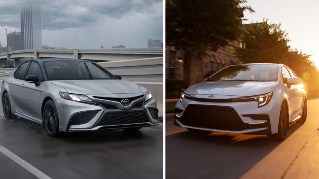 Composite photo front end view of 2024 Camry on the left and Corolla on the right.