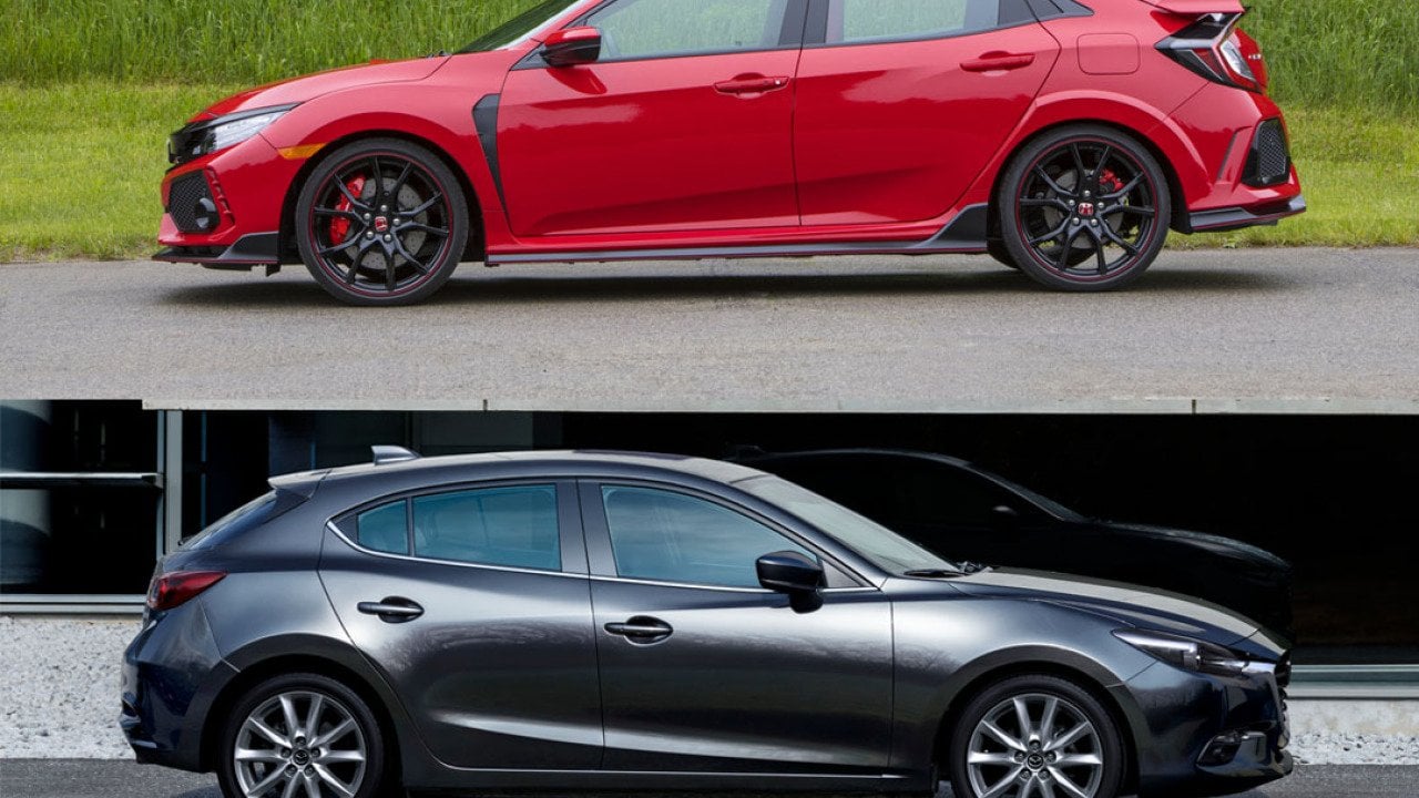 Composite photo of red civic above and black mazda 3 below, both from 2017.