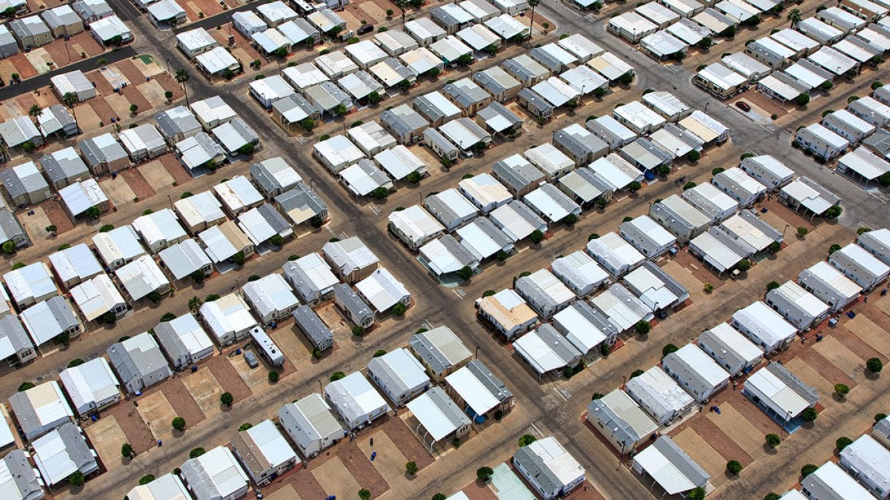 Aerial view of mobile home park in the Arizona desert.