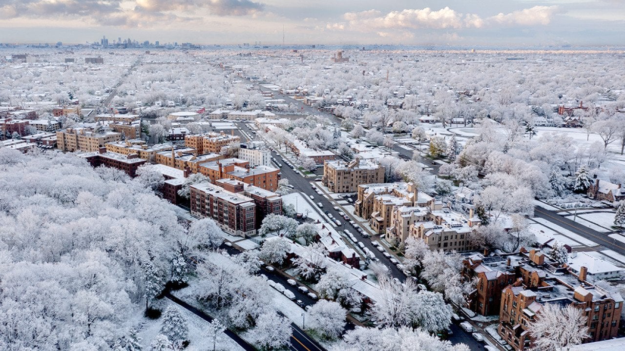 Aerial view of Detroit's Palmer Park neighborhood covered in snow.