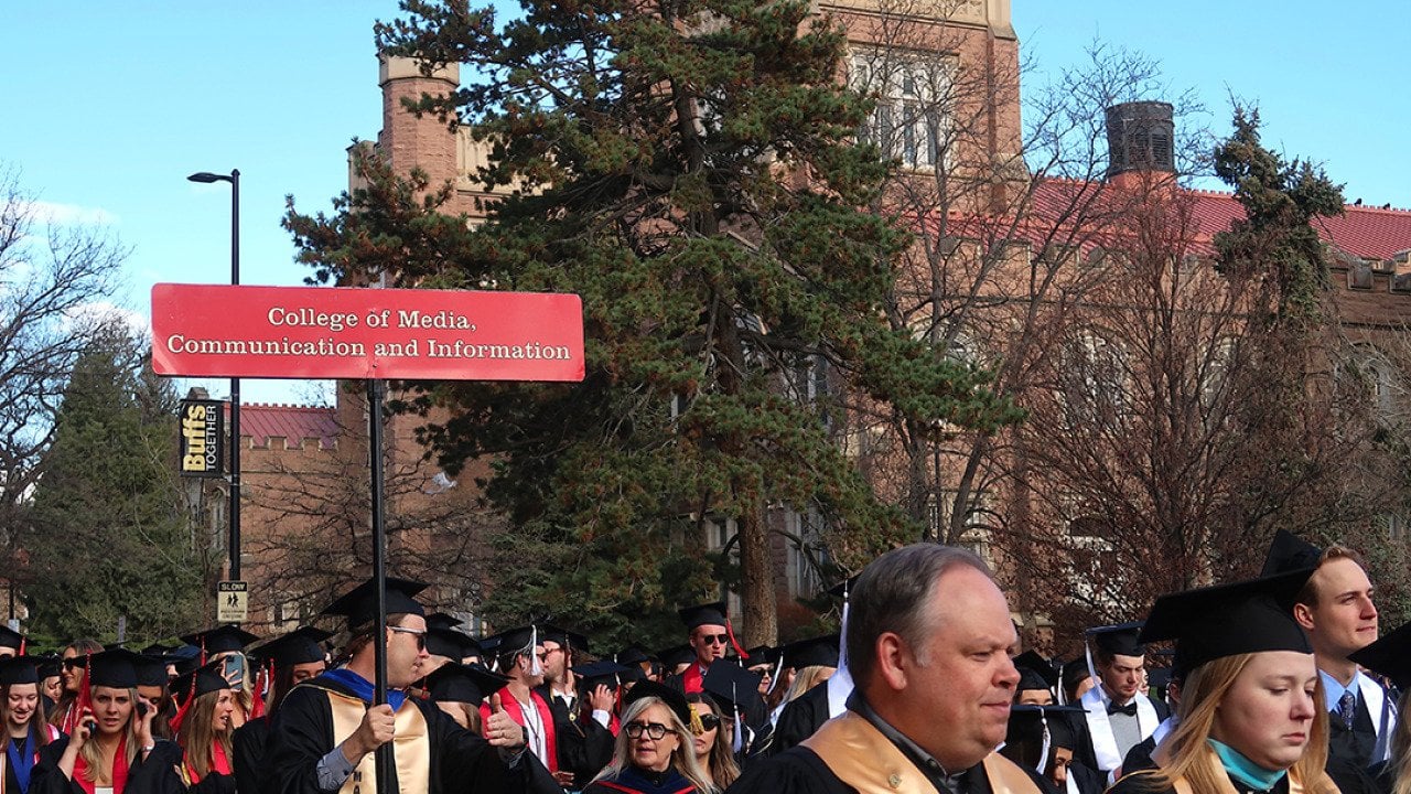 Graduation day and commencement ceremony at the University of Colorado, Boulder campus.