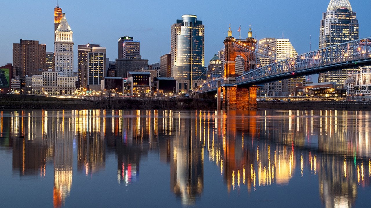 A view of Cincinnati over Ohio River during the evening.