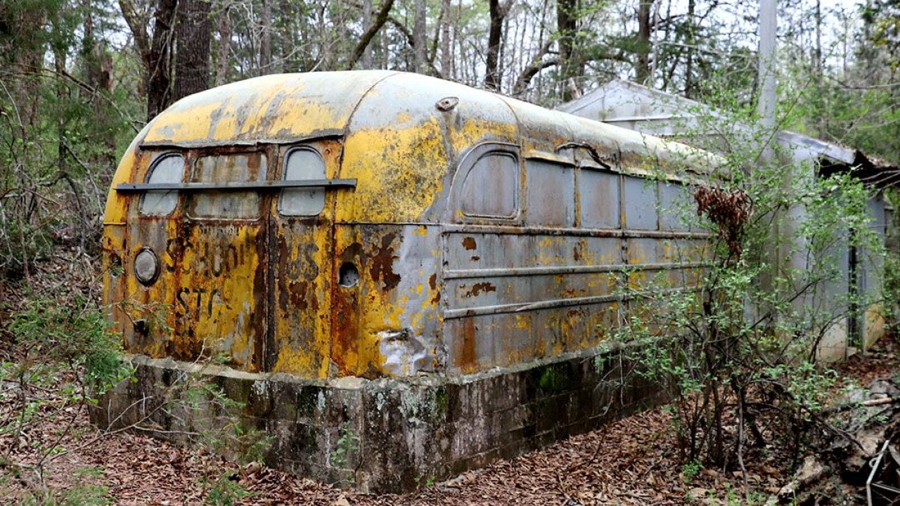 An old, rusty school bus repurposed as an attachment to a shed in the woods.